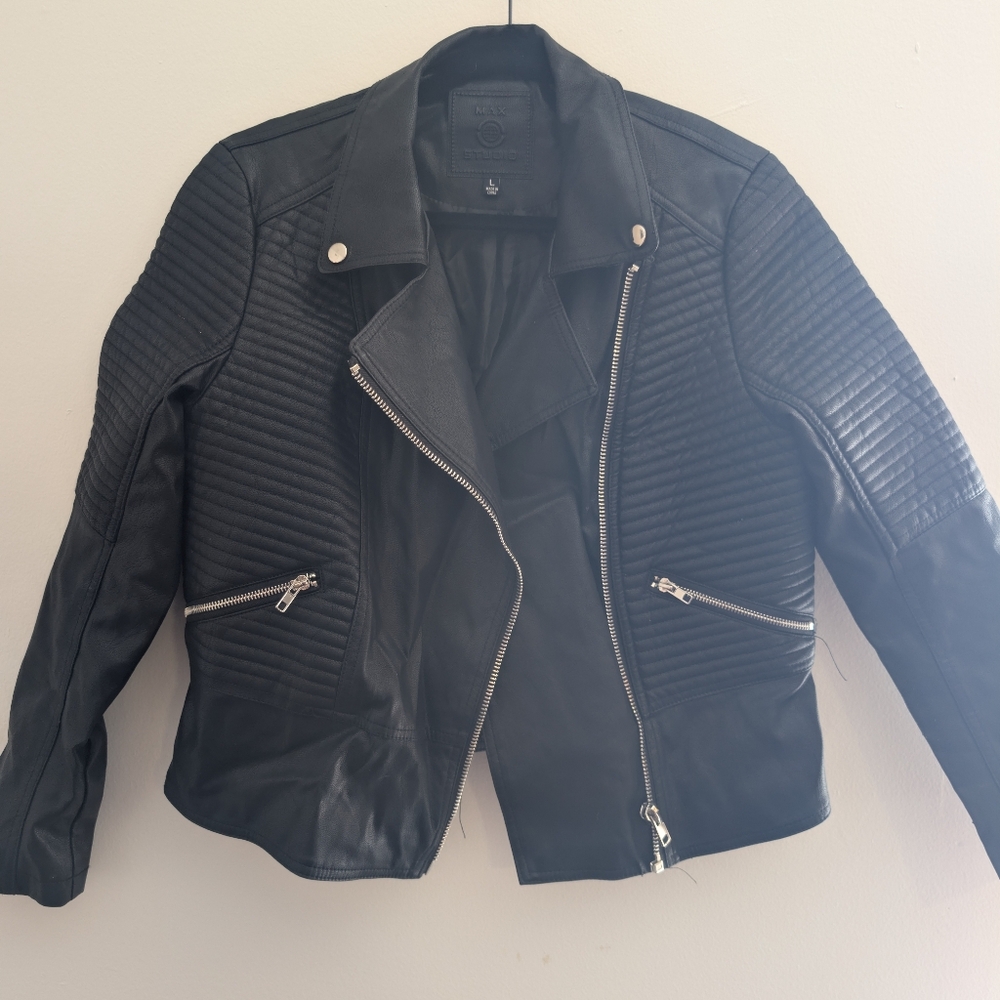 Max Studio Black Faux Leather Moto Jacket
